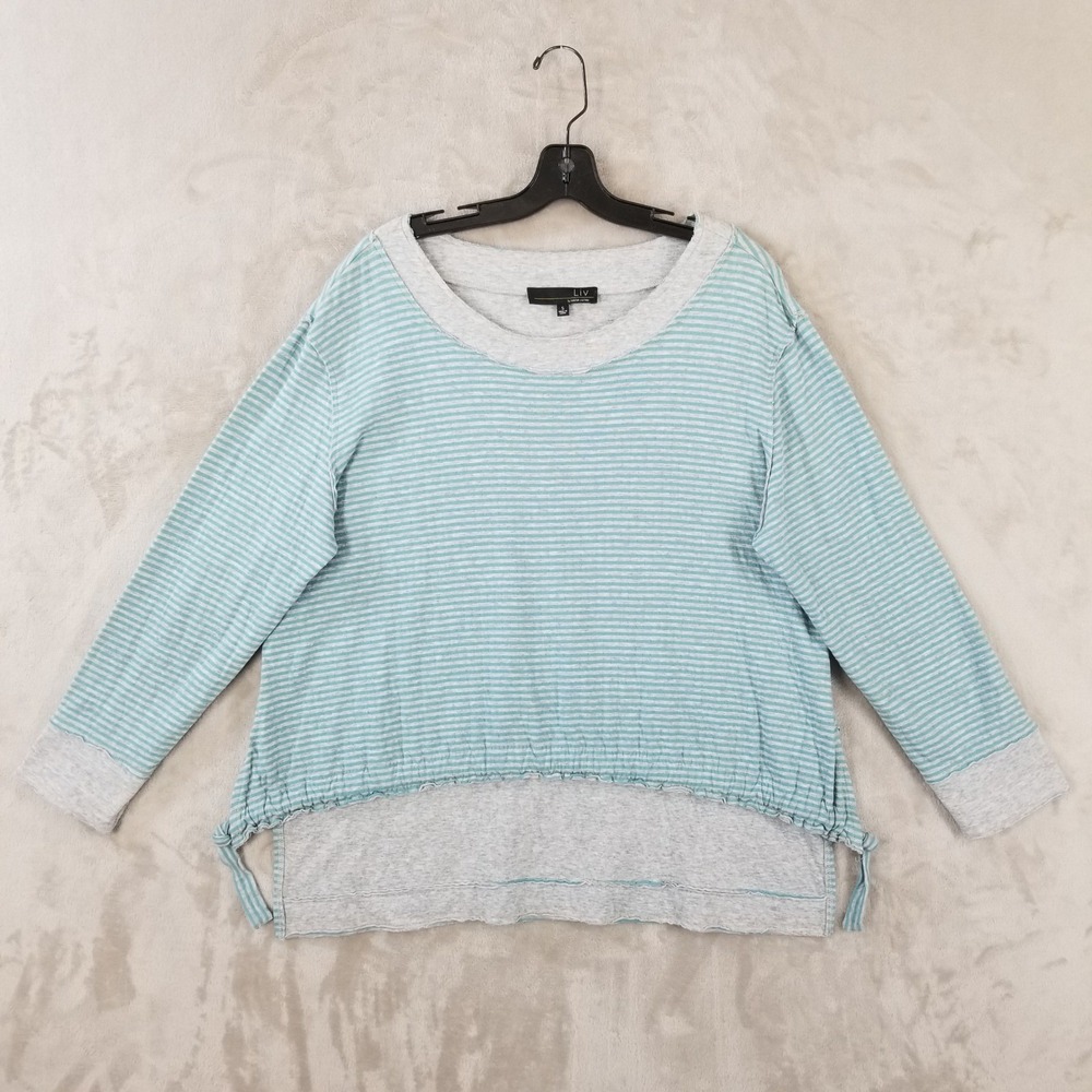 Liv by Habitat Top Womens S Blue Gray Striped Jersey Knit High Low Side Tie